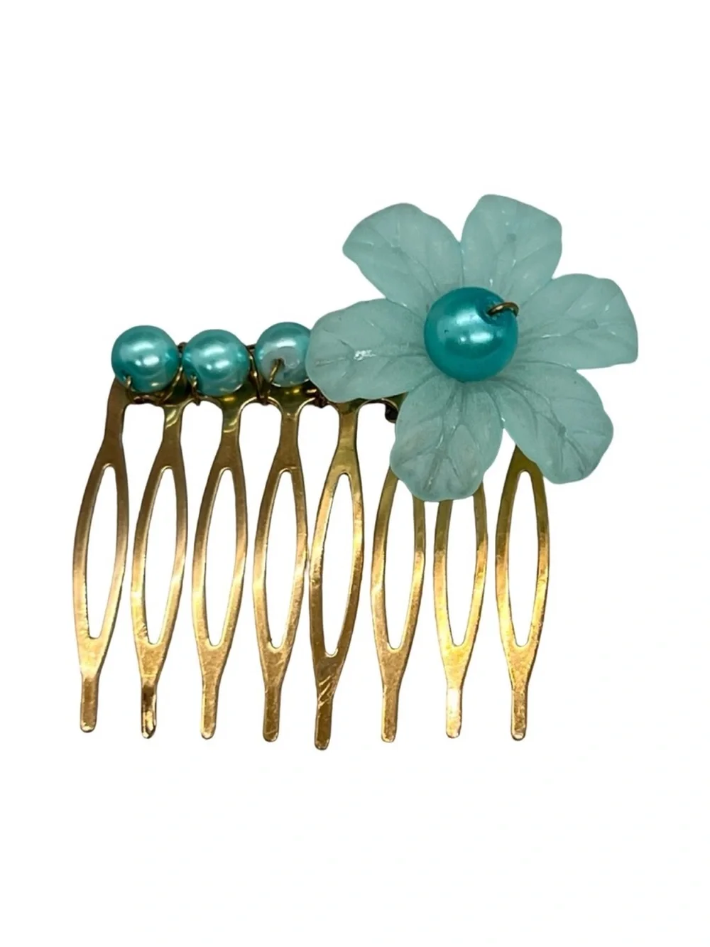 Gold Hair Comb with Aqua Flower and Beads FINAL PRICE DROP